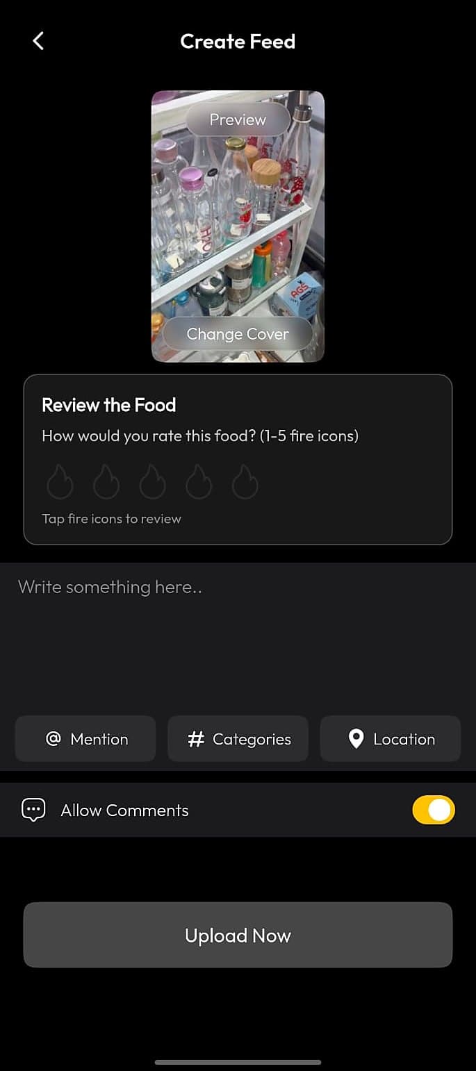 Foodie create post with fire-icon food rating